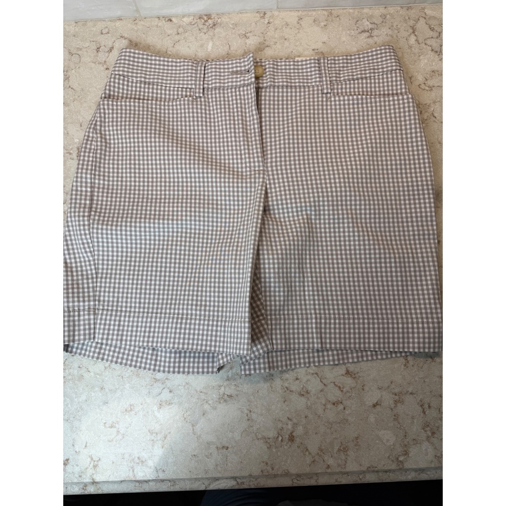 Lands End Womens Chino Shorts Fit 2 Tan White Gingham Check Mid Rise Size 4 NEW